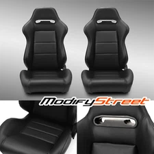 1 Pair Reclinable Racing Seats Classic Plain Black PVC Car Seats W/Slider