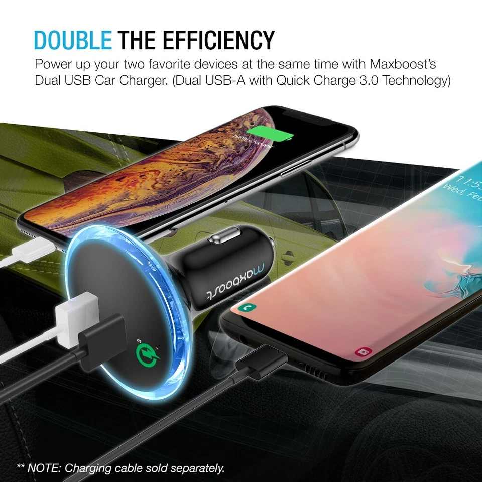 Cargador de coche Maxboost Quick Charge 3.0 USB doble para smartphone - Paquete de 1 Foto 2 de 4