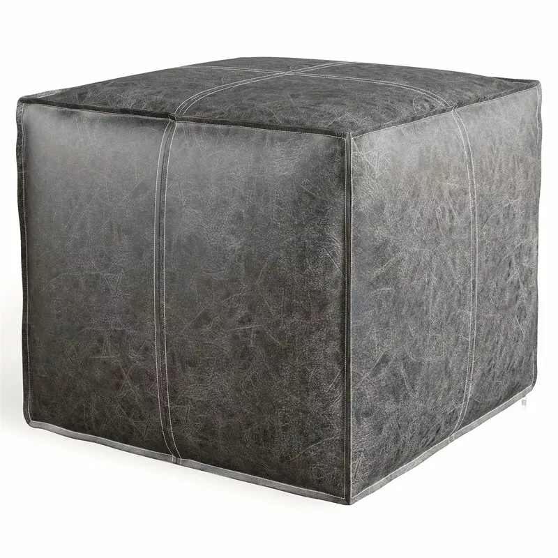 Simpli Home Brody Boho Square Pouf in Distressed Black Faux