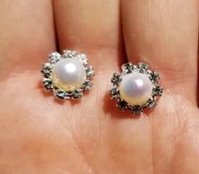 Silver Plated Cultured Pearl Button Stud Earrings with Rhinestones