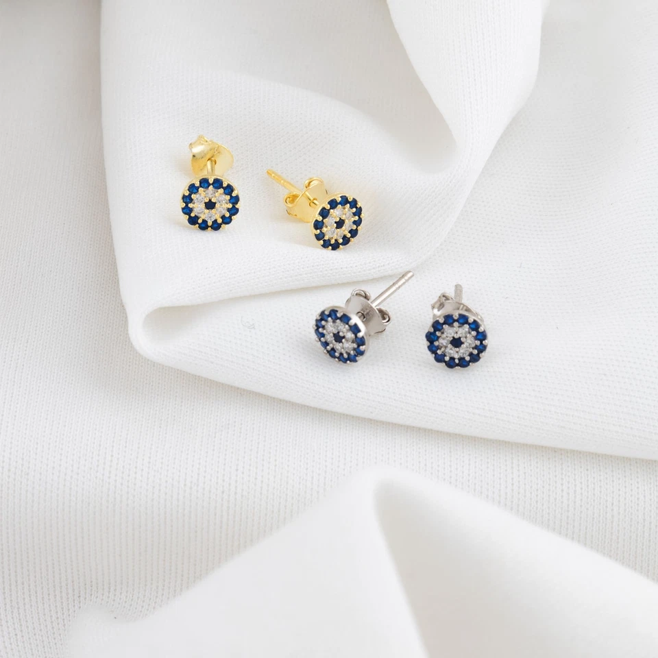 14k Gold Evil Eye Earrings Lab-Created Diamond Sapphire Evil Eye Earrings - Image 4 of 4