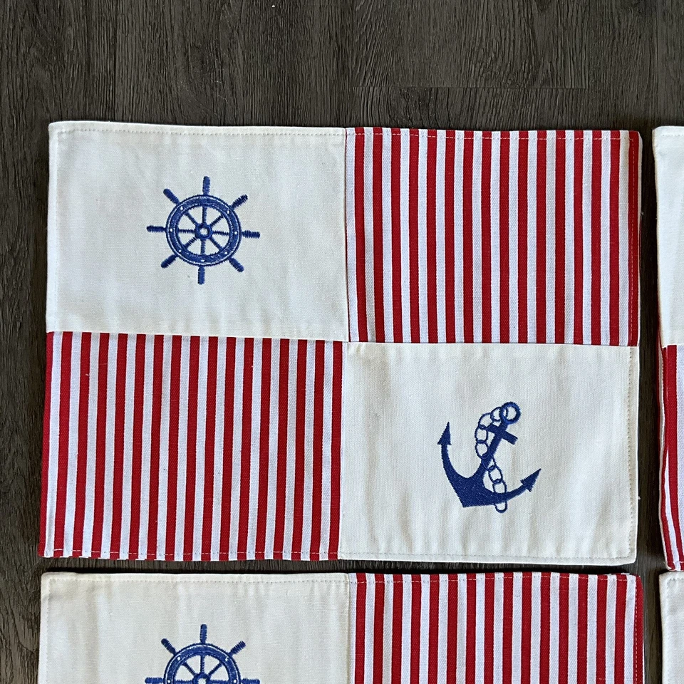 Juego de 4 manteles individuales de algodón a rayas rojas ancla casco náutico Blue Harbour Collection Foto 3 de 4