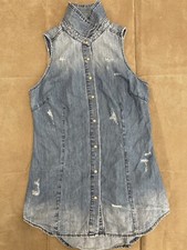 GUESS - Women's Blue Distressed Denim Sleeveless Vest Jacket - Size Medium