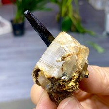 32G Natural green tourmaline quartz crystal cluster+calcite mineral specimen