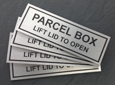 PARCEL POST BOX SIGN - LIFT LID TO OPEN PLAQUE - BRUSHED SILVER METAL - 150X50mm