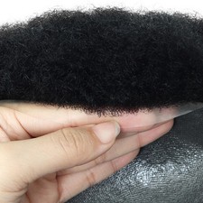 Mens Toupee Human Hair Afro Curl 6mm Poly Skin Off Black Hair Pieces 1B