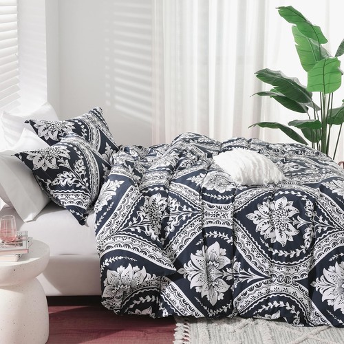Navy Blue Duvet Cover Queen - 100% Cotton Duvet Cover Set, 3 Pieces Floral Pa... - Picture 3 of 7