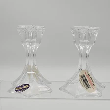 Deplomb Lead Crystal Hexagon Candle Stick Holders 4” Tall Made in USA, Set of 2