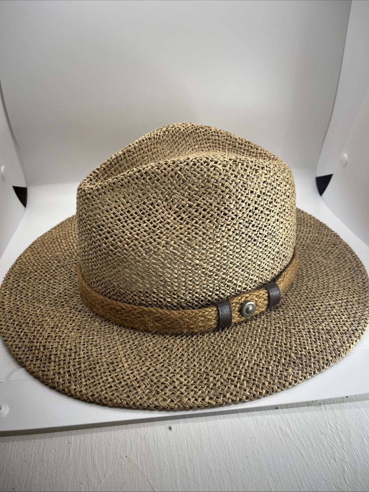 Summer Club Straw Hat Beige Band Sun Protection Flat Brim Australian Styled