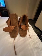 Minnetonka Brown Suede Fringe Ankle Moccasin Boots. One shoe is missing a shoe s