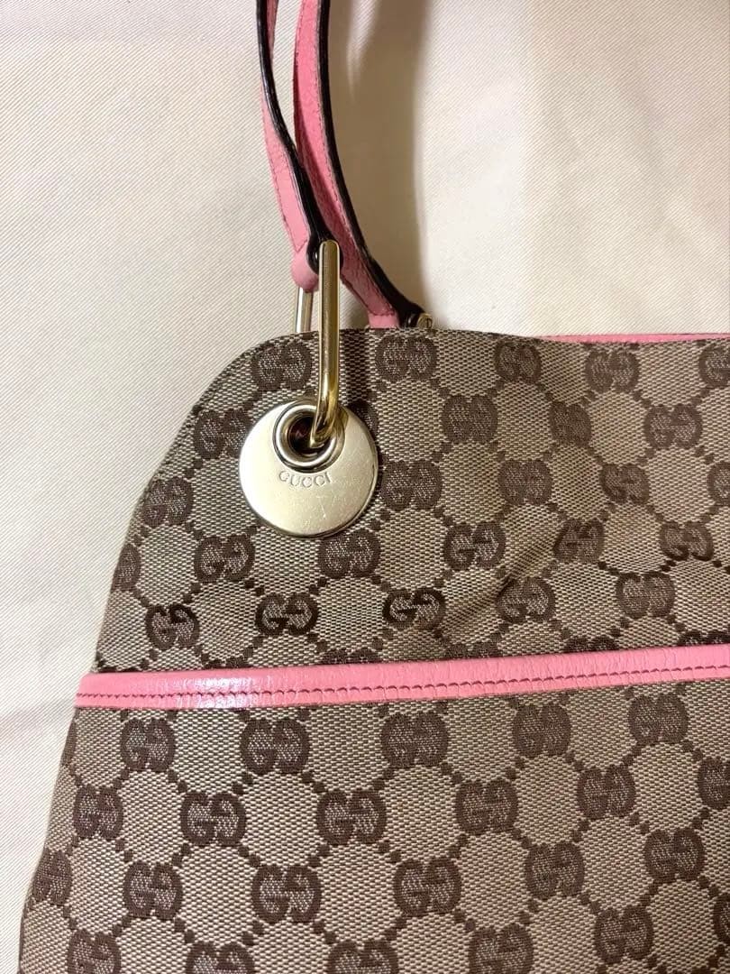 GUCCI GG Canvas Leather Tote Bag Beige Pink Gold Hardware Excellent Condition thumbnail 6