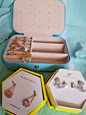 RBP Ring Bomb Party Jewelry lot of 10 Rings Earrings and Case NEW
