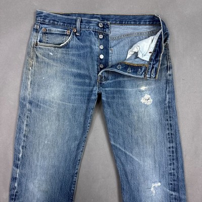 Levis 501 Jeans Men 32x30 Blue Pant Button Fly Faded Thrash Repaired (Tag33x32)