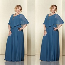 Mother of The Bride DressesV Neck Beaded Cape Chiffon Maxi Wedding Evening Gown