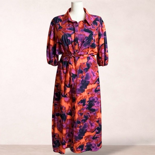 SAO BY DEE Magenta Print Belted Button Puff Sleeve Maxi Shirt Dress Plus Size 22