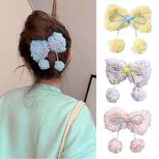 Faux Lamb Fur Hair Clip with Bow for Women Fashion Accessory Party Daily Wear