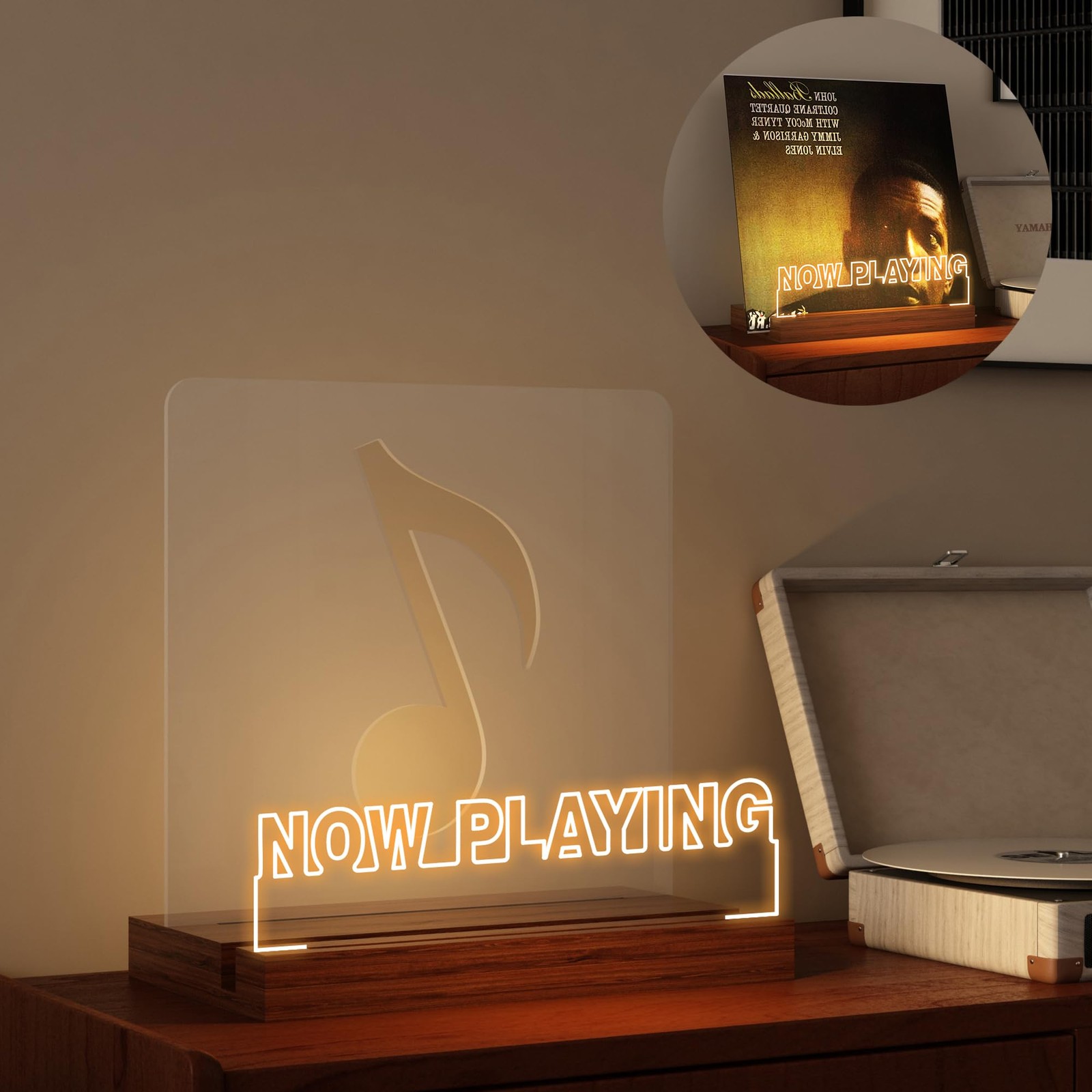 Now Playing Vinyl Stand with LED Lights, Wooden Acrylic Record Display Holder