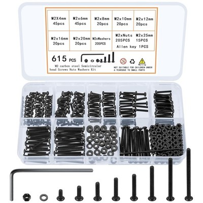 615 Pcs M2 Screw Assortment, M2 Bolts and Nuts Kit, Hex Socket Button Head Cap S