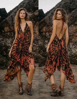 Three Cranes Gallery Halter Midi Dress One Size Tie Dye Boho Hippie Fairy Flowy