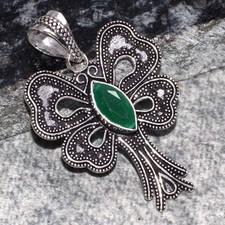 925 Silver Plated Butterfly Green Onyx Pendant Jewelry Size 1.8" MJ