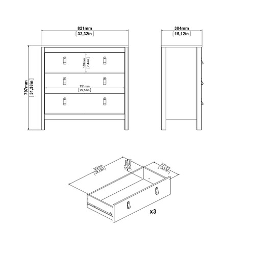 Madrid Chest 3 Drawers in Matt Black - Picture 11 of 13