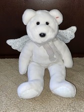 Herald White Ty Angel Bear with Wings and White Ribbon Plush Beanie Buddies EUC