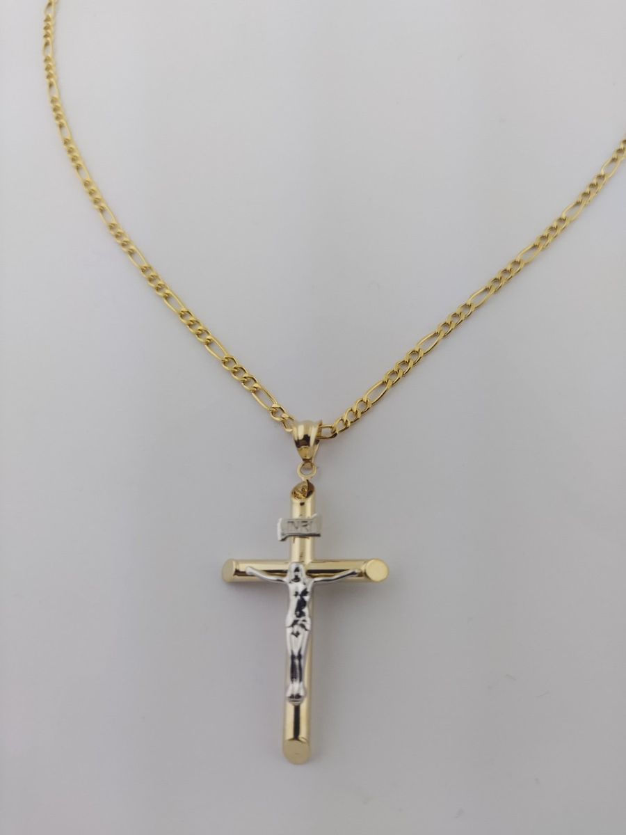 14K Solid Gold Italian Cross pendant with Figaro necklace Chain