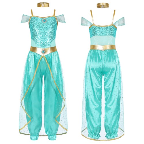 Kids Girls Arabian Costumes Outfits Round Neck Short Sleeve Elastic Long Pants - Picture 33 of 51