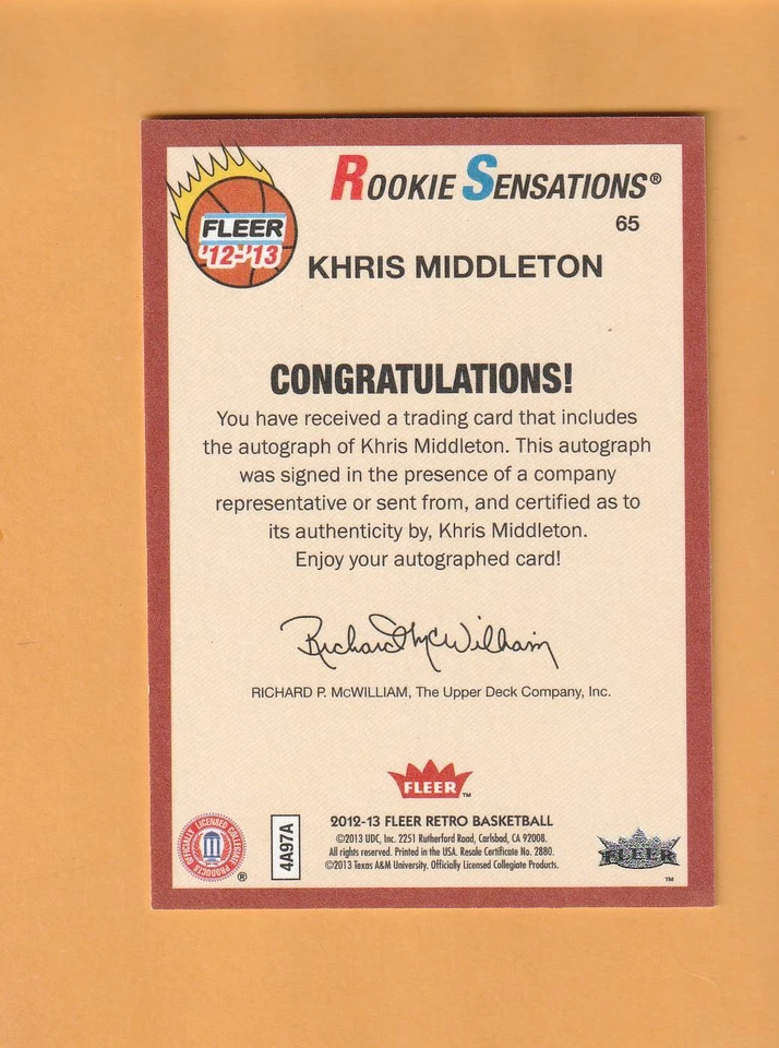 Khris Middleton Texas A&M Aggies AUTO 2012-13 Fleer Retro Milwaukee Bucks 1J Foto 2 de 2