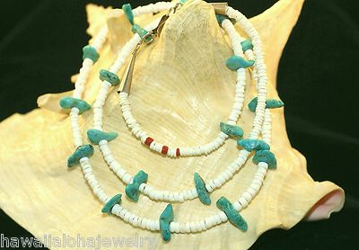 DELUZE VINTAGE 925 STER SILBER TÜRKIS ROTE KORALLE HAWAII PUKA MUSCHELN HALSKETTE