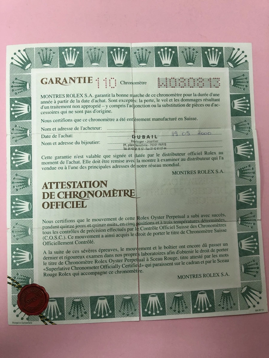 Original Vintage Rolex Watch 69298 W080813 Used Certificate