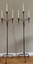 Antique Pair Primitive Wrought Iron Floor Candle Stand Hand Forged Candelabras
