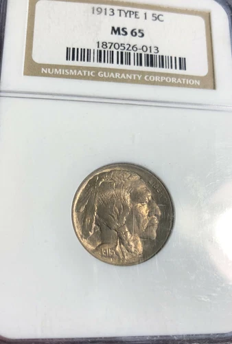1913 Buffalo Nickel .05. NGC MS65. Type 1. Mound type.