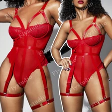 Womens Sexy Garter Belts Set Sheer Lingerie Lace Teddy Bodysuit Underwear Nighty