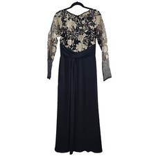 D Meister Size 8 Black Draped Full Length Gown Gold Lace Illusion Floral Bodice 