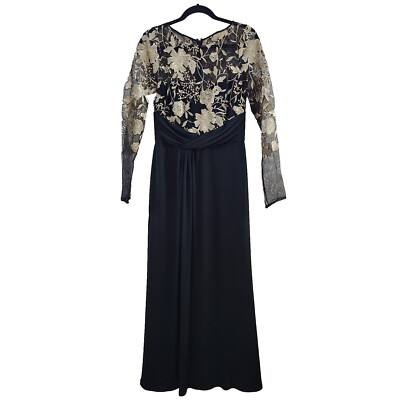 D Meister Size 8 Black Draped Full Length Gown Gold Lace Illusion Floral  Bodice | eBay