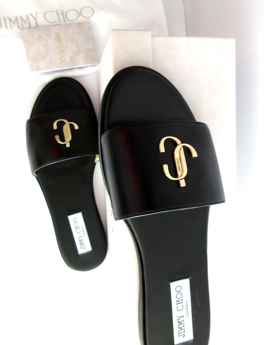 セール★Jimmy Choo★JC FLAT Jimmy Choo London JC Flat Slides Flat Black Leather Sandals