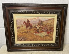 Vintage Charles Russel Print On Canvas Painting The Call Of The Law Framed 17x21