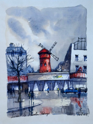 MICHEL MAURICE TELLIER WATERCOLOR PAINTING MOULIN ROUGE PARIS LOUVRE MUSEUM ART