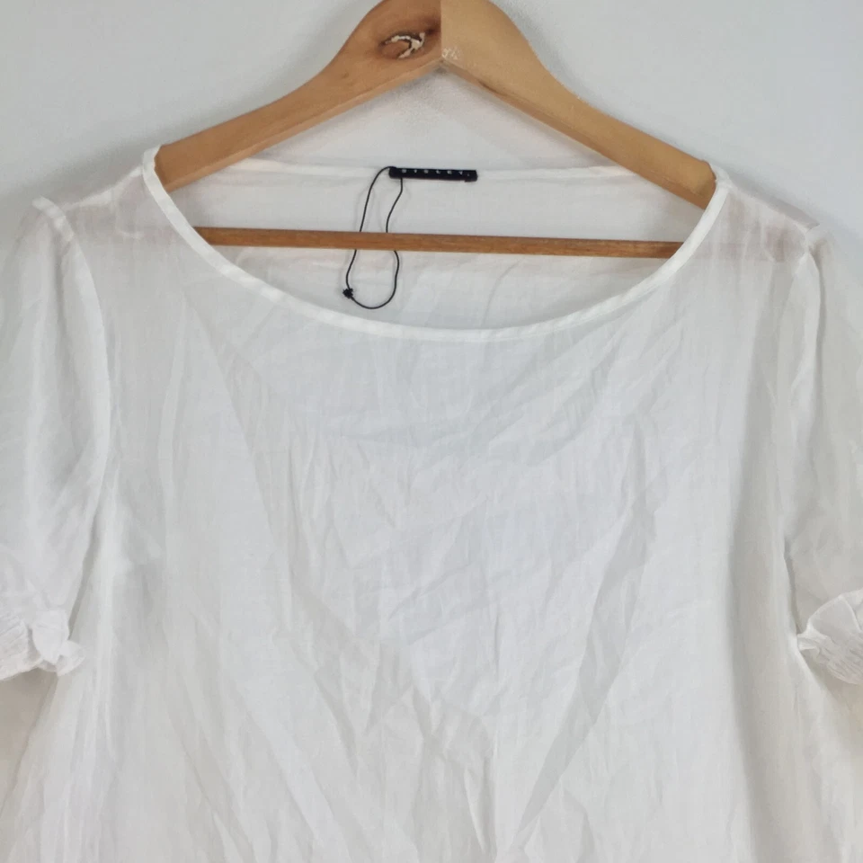 Sisley womens tunic top size L sheer white short sleeve round neck cotton 055648 — 第 3/4 张图片