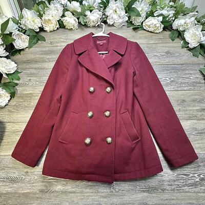 Merona Pea Coat Size Medium Womens Wool Blend Warm Jacket Maroon Red Gold  Button