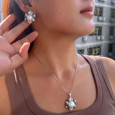 Big Pearl Flower Pendant Necklace Earring Silver Plated Women Zircon Jewelry Set