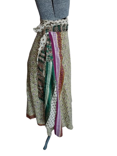 Womens Handmade Sari Wrap Skirt Reversible Floral Parsley Long One Size - Picture 8 of 10