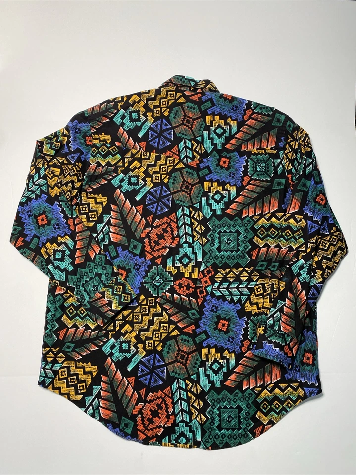 Винтажная мужская рубашка вестерн Frontier Series Aztec AOP XL 90-е черная на пуговицах - Изображение 2 из 4