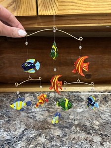 Vintage Murano Blown Glass 9 Colorful Tropical Fish Hanging Window Mobile