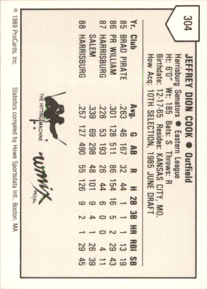 Jeff Cook 1989 ProCards Minor League T/S #304 RC Harrisburg Senators ** - Image 2 of 2