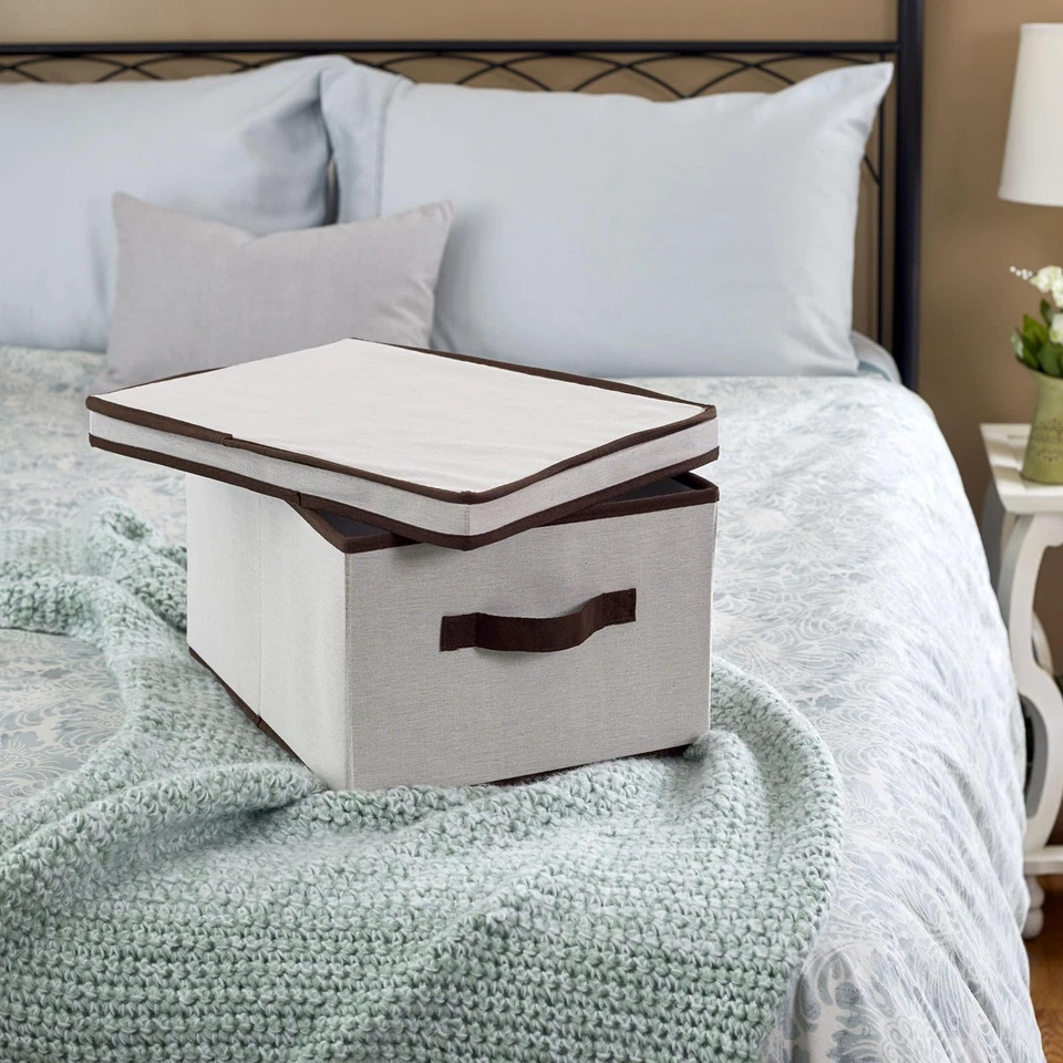 513 Almacenamiento con Tapa y Asa - Lona Beige Natural con Borde Marrón - Grande Foto 2 de 4