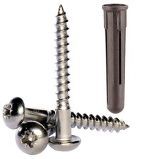 No10 / 5mm A2 Stainless Steel Pozi Round Head Wood Screws Plus Brown Wall Plugs