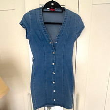 GUESS Blue Solid Denim Mini Dress V-Neck Short Sleeve Button Front Womens S
