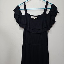 LOFT Black Knit Cold Shoulder Ruffle Dress Gathered Waist Women's Size Small NWT